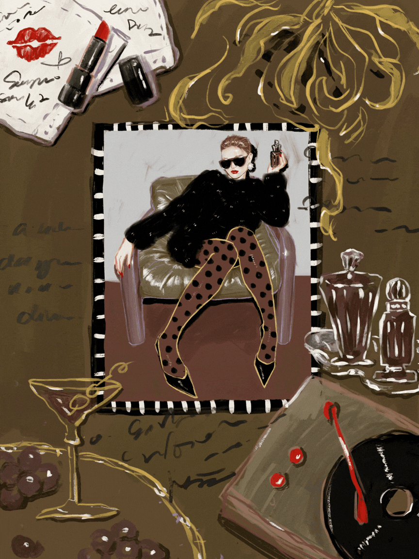 Fashion illustration featuring a woman surrounded by perfume, lipstick and cocktail motifs